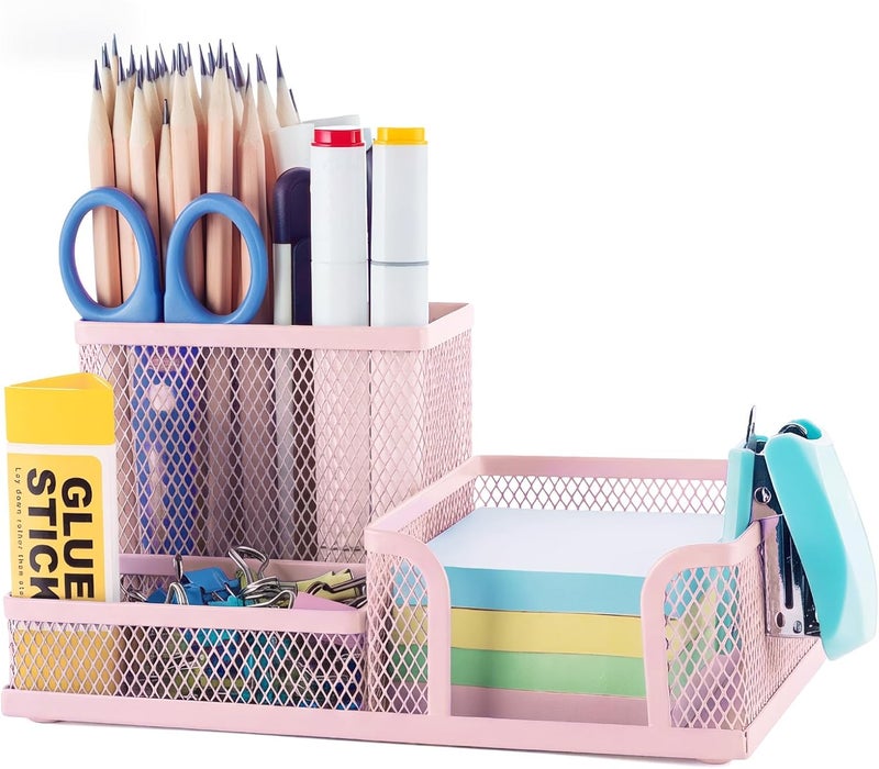 MG Mesh Pen Holder Desk Organizers Pencil Holder for Desk Pink, 3 Compartments Metal Office Supply Organizer with Sticky Notes Holder for Home Office - Image 1